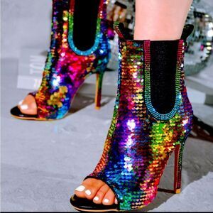 RAINBOW SEQUIN PEEP TOE BOOTIE